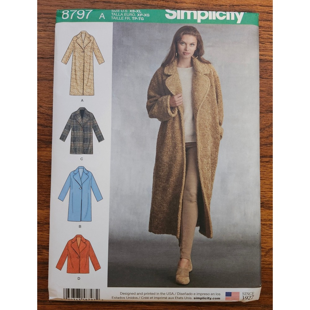 Simplicity 8797 Misses Lined Coat Sewing Pattern XS-XL 4 Lengths Notched Collar